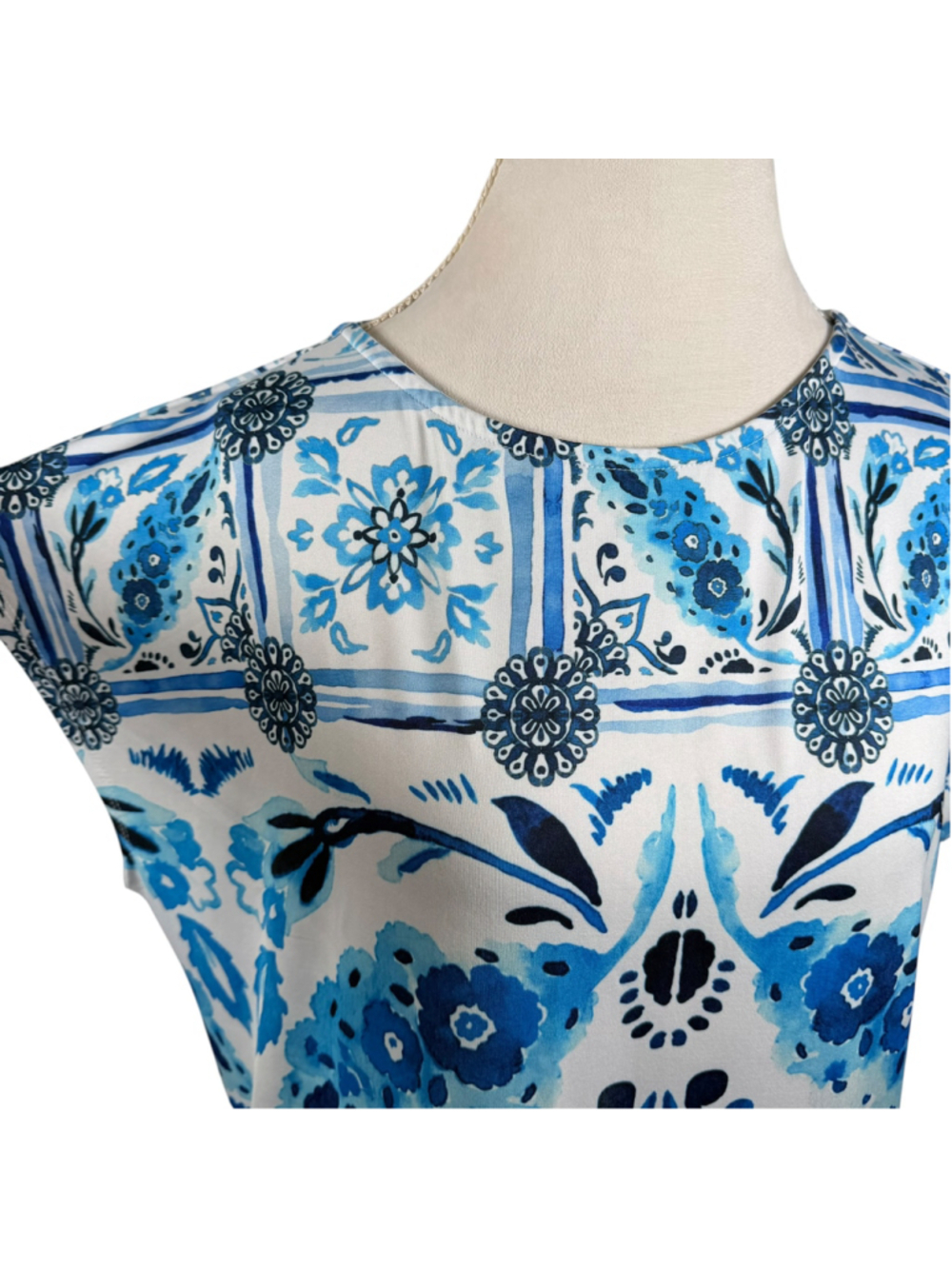 Mely New York Blue White Tile Print Shift Dress Mediterranean Beachy Size XL - Picture 5 of 10